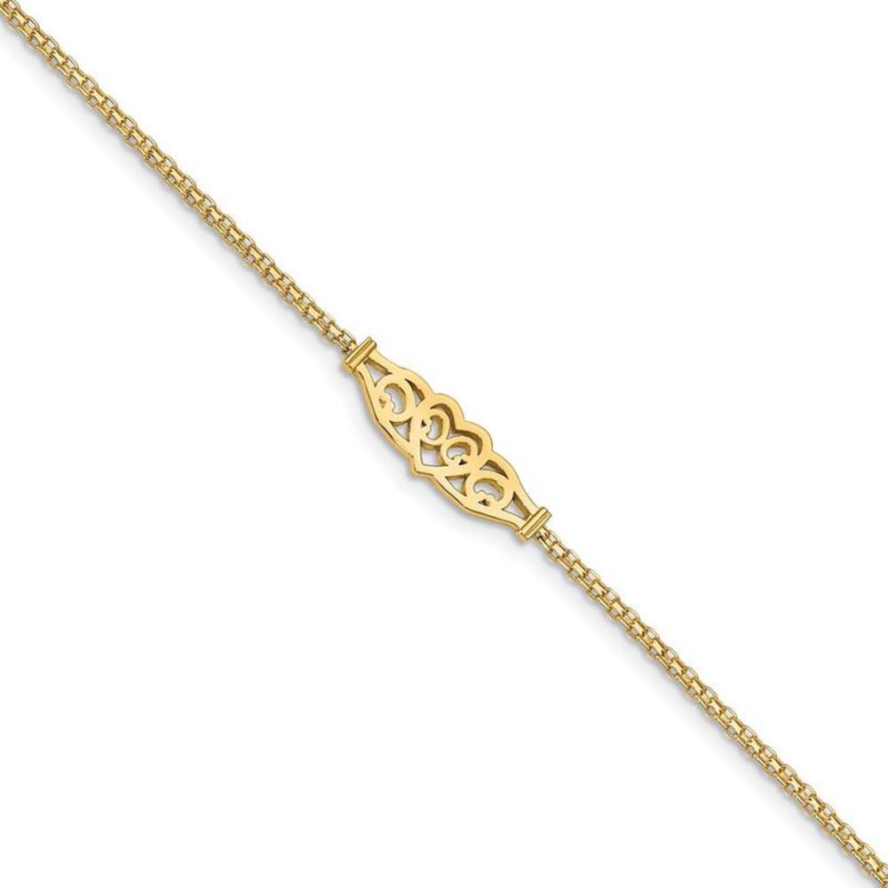 14 Karat Polished Gold Heart Anklet, 10 Inch